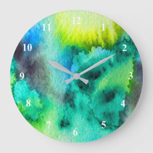 Blue Green watercolor marble abstract tie dye Large Clock