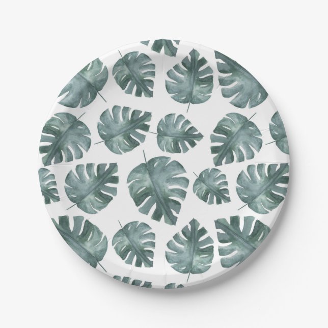Blue Green Watercolor Monstera Pattern Birthday Paper Plate (Front)