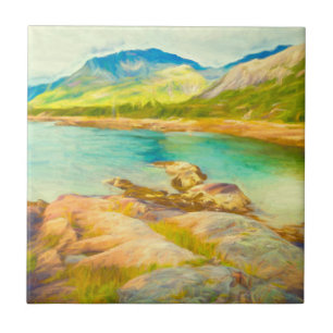 Blue Green Watercolor Mountain Lake Painting Tile