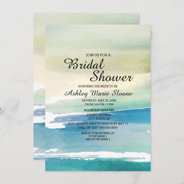Blue Green Watercolor Ocean Waves Bridal Shower Invitation (Front/Back)