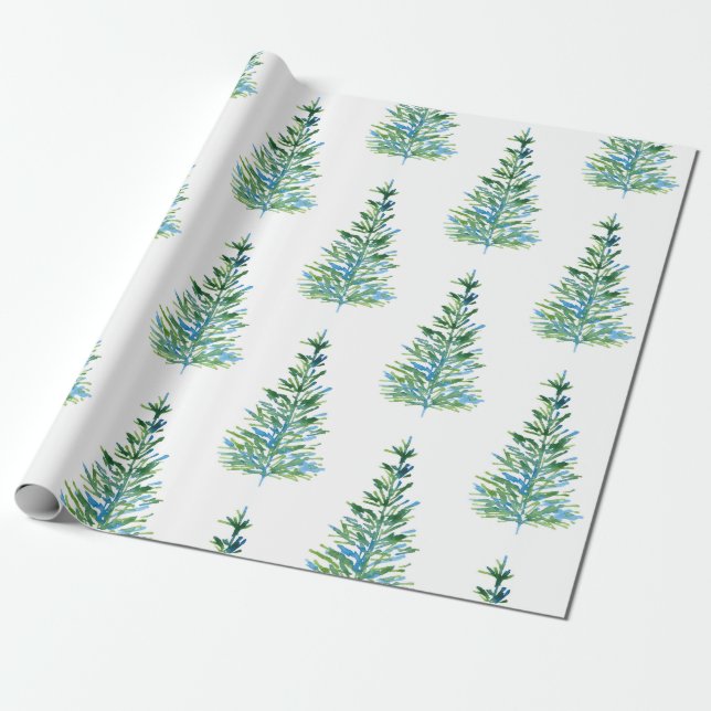 Blue Green Watercolor Pine Tree Pattern Wrapping Paper (Unrolled)