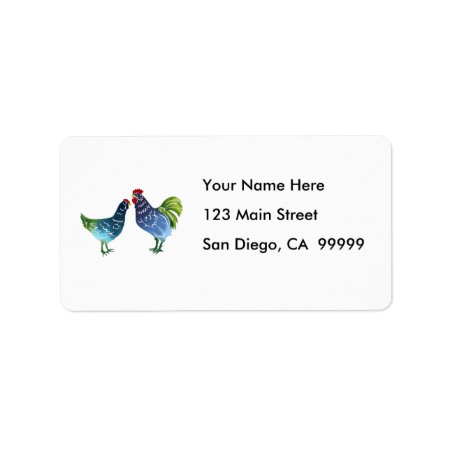 Blue & Green Watercolor Rooster & Hen Label (Front)