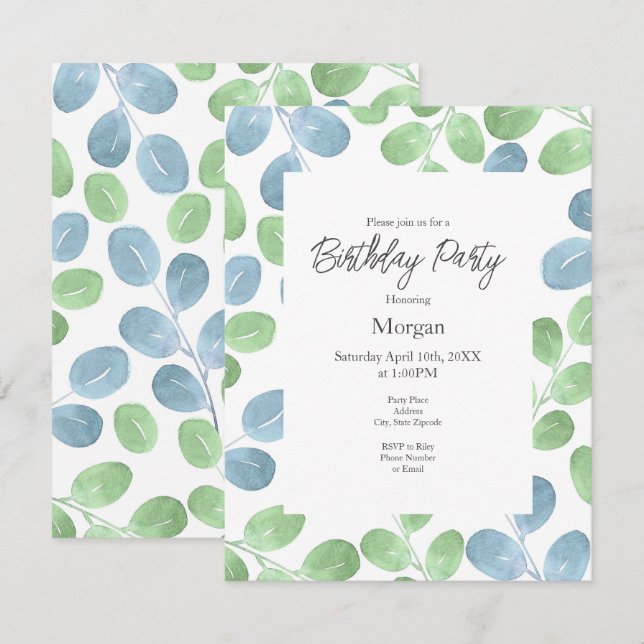  Blue Green Watercolor Round Leaf Pattern Invitation (Front/Back)