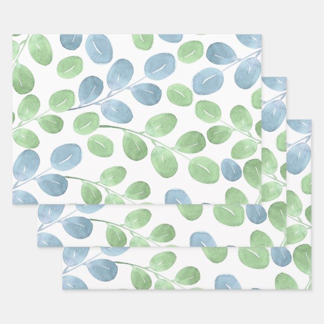 Blue Green Watercolor Round Leaf Pattern Wrapping Paper Sheet (Set)