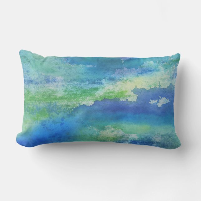 Blue Green Watercolor Splash Lumbar Pillow (Front)