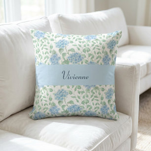 Blue Green Watercolor Wildflower Monogram Name Throw Pillow