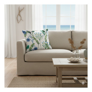 Blue Green Watercolor Wildflower  Throw Pillow