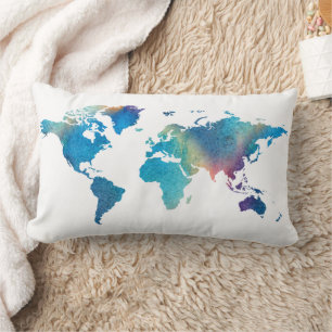 Blue Green Watercolor World Map Travel Lumbar Pillow