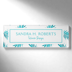 Blue-green watercolors palm leaves pattern name tag