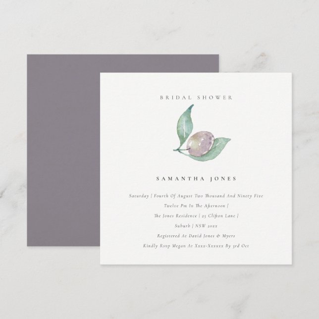 BLUE GREEN WATERCOLOUR FOLIAGE OLIVE BRIDAL SHOWER INVITATION (Front/Back)