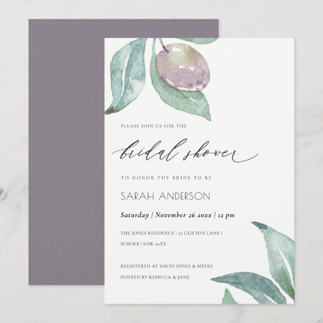BLUE GREEN WATERCOLOUR FOLIAGE OLIVE BRIDAL SHOWER INVITATION (Front/Back)