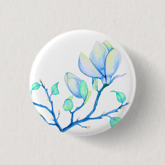 Blue Green Watercolour Magnolia Branch Botanical 1 Inch Round Button