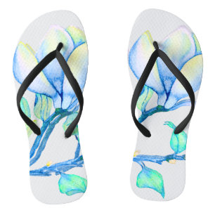 Blue Green Watercolour Magnolia Branch Botanical Flip Flops