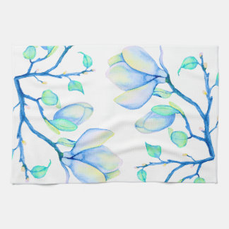 Blue Green Watercolour Magnolia Branch Botanical Kitchen Towel