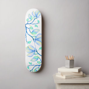Blue Green Watercolour Magnolia Branch Botanical Skateboard