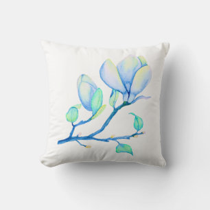 Blue Green Watercolour Magnolia Branch Botanical Throw Pillow
