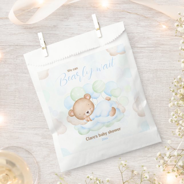 Blue Green We Can Bearly Wait Bear Boy Baby Shower Favour Bag (Clipped)