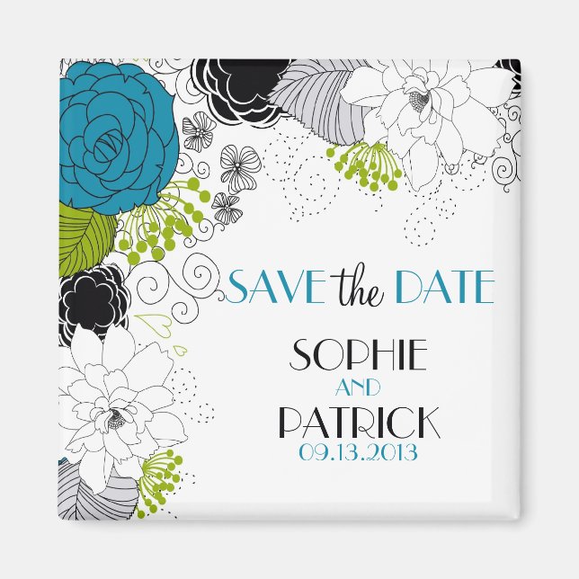 Blue & Green Whimsical Floral Save the Date Magnet (Front)