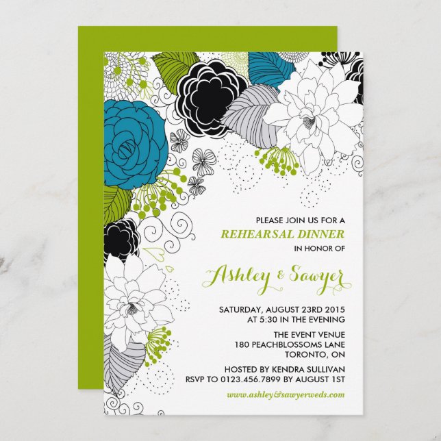 Blue & Green Whimsical Florals Rehearsal Dinner Invitation (Front/Back)