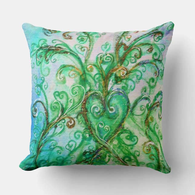 BLUE GREEN WHIMSICAL FLOURISHES WITH HEART THROW PILLOW (Front)