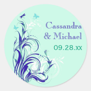Blue Green White Aqua Floral 1.5" Wedding Sticker