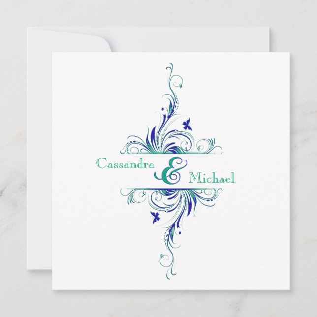 Blue Green White Aqua Floral Wedding Invitation (Front)