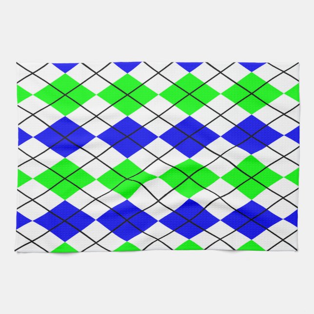 Blue Green White Argyle Diamond Design  Kitchen Towel (Horizontal)