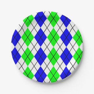 Blue Green White Argyle Diamond Design Paper Plate