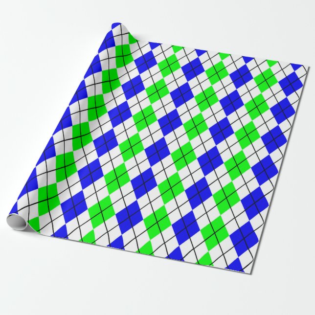 Blue Green White Argyle Diamond Design  Wrapping Paper (Unrolled)