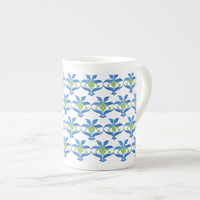 Blue Green White Art Nouveau Pattern China Mug (Front Right)