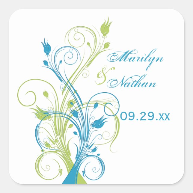 Blue Green White Floral 1.5" Wedding Sticker (Front)