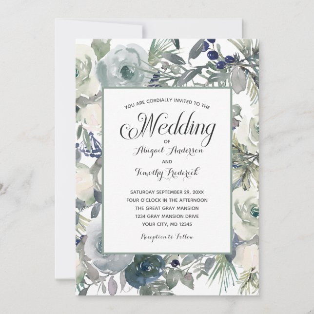 Blue Green White Floral Elegant Formal Wedding Invitation (Front)