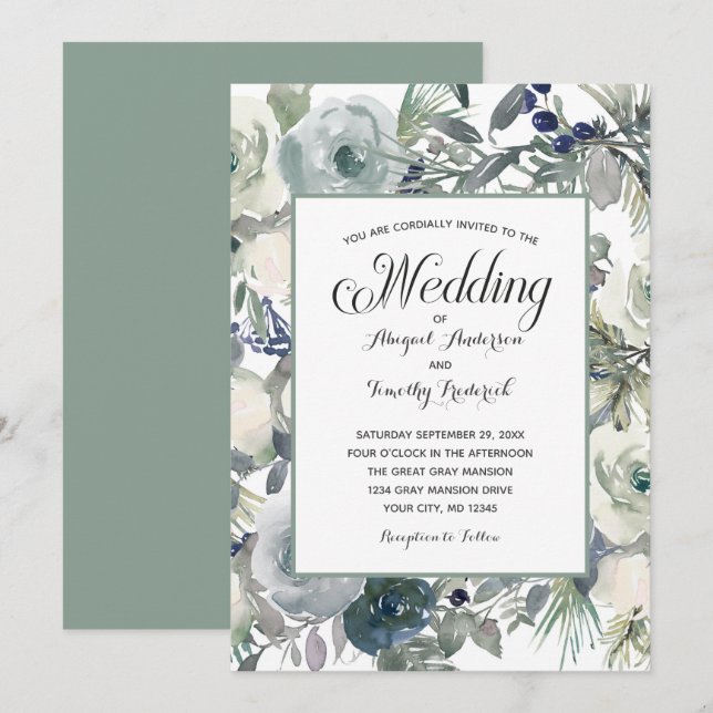 Blue Green White Floral Elegant Formal Wedding  Invitation (Front/Back)