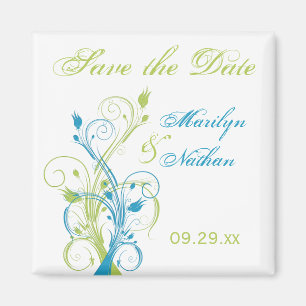 Blue Green White Floral Save the Date Magnet