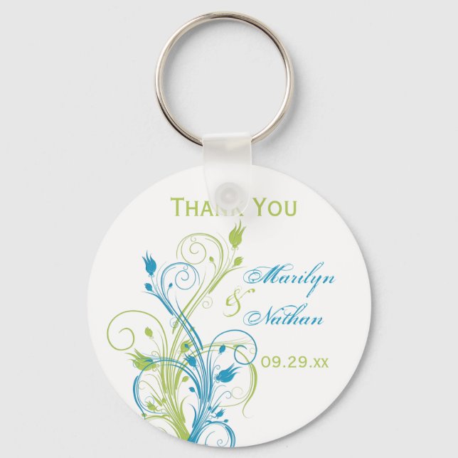Blue Green White Floral Wedding Favour Key Chain (Front)