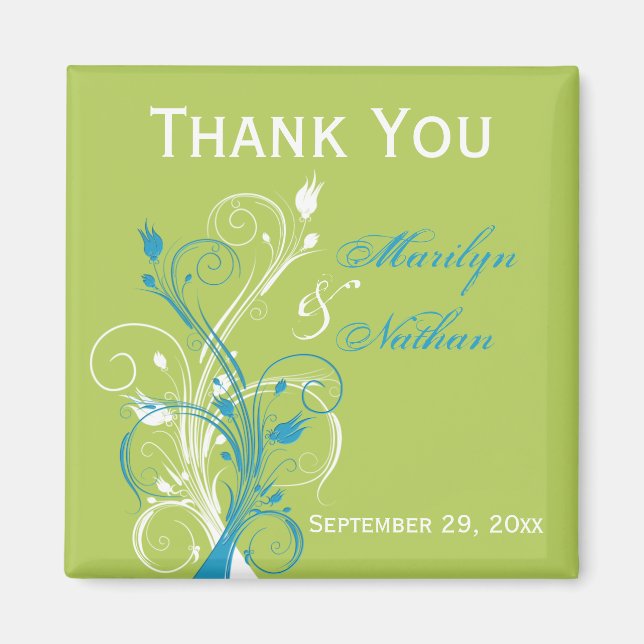 Blue Green White Floral Wedding Favour Magnet (Front)