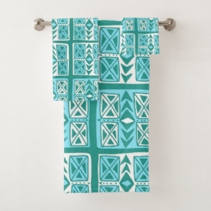 Blue Green & White Geometric Boho Pattern Bath Towel Set