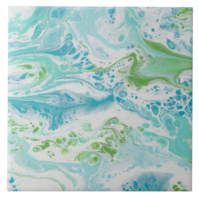 blue green & white ocean inspired swirl painting tile (Front)
