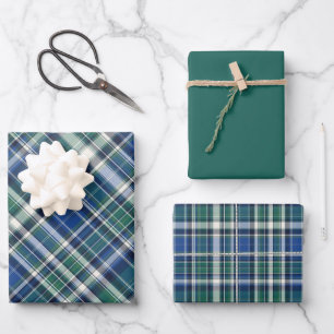 Blue, Green & White Plaid Wrapping Paper Sheet