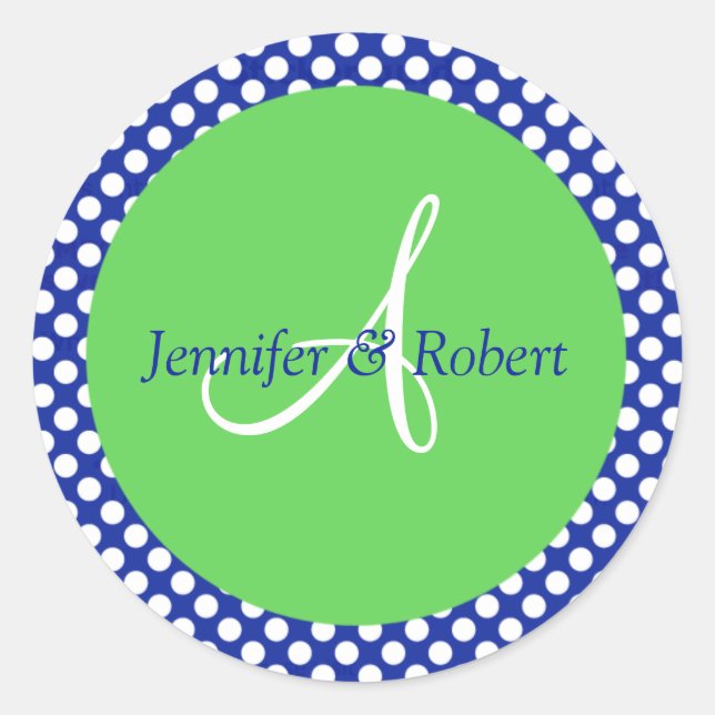 Blue Green White Polka Dot Monogram A Envelope Sea Classic Round Sticker (Front)