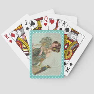 Blue Green White Polka Dot Vintage Lady and Parrot Playing Cards