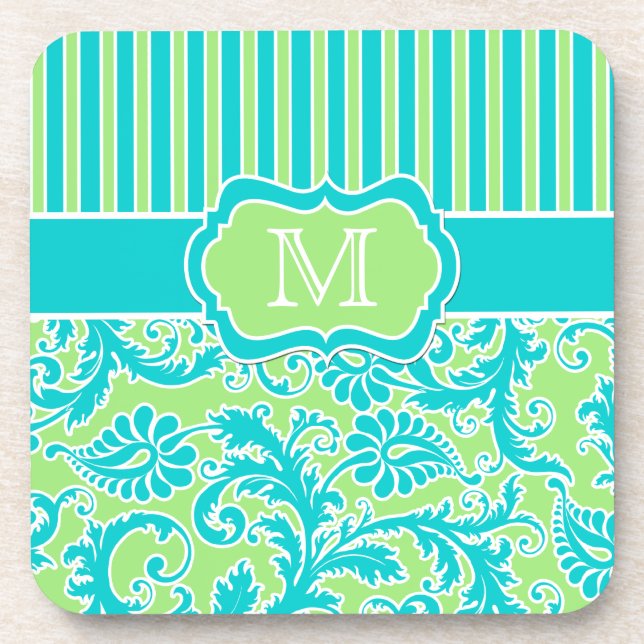 Blue, Green, White Striped Damask Coaster Set (6) (Front)
