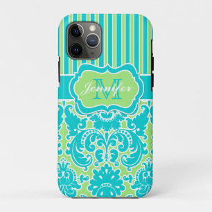 Blue, Green, White Striped Damask iPhone 11 iPhone 11 Pro Case