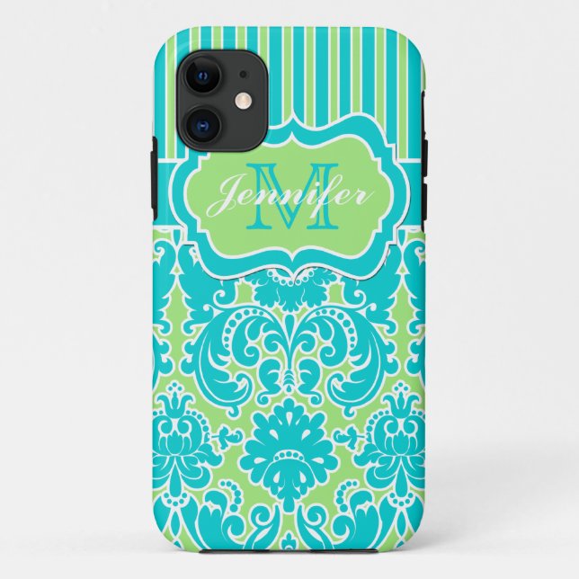 Blue, Green, White Striped Damask iPhone 5 Case-Mate iPhone Case (Back)