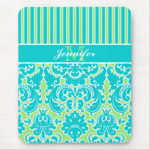 Blue Green White Striped Damask Monogram Mousepad