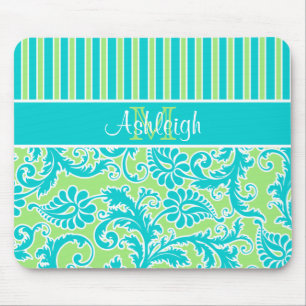 Blue Green White Striped Damask Monogram Mousepad