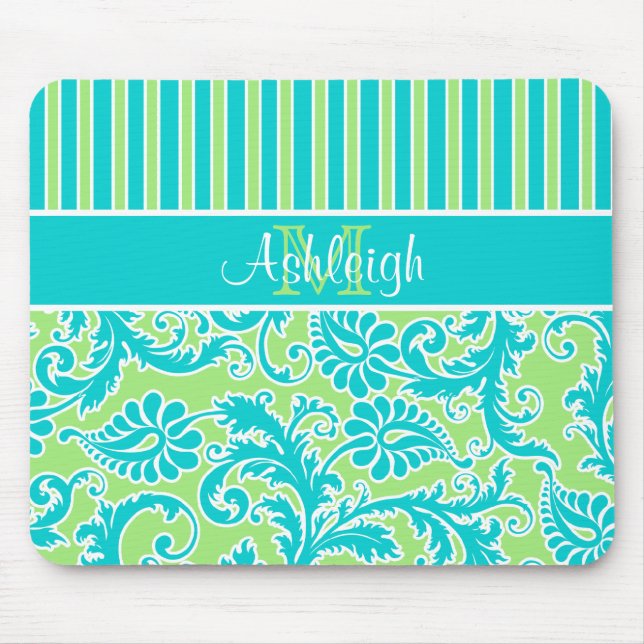 Blue Green White Striped Damask Monogram Mousepad (Front)