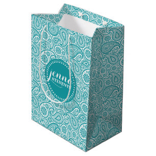 Blue-Green & White Vintage Paisley Pattern Medium Gift Bag