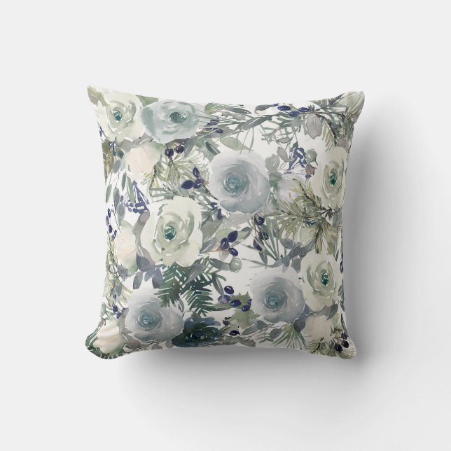 Blue Green White Watercolor Floral Flowers Throw Pillow (Front)