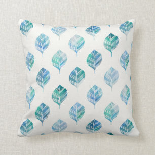 Blue Green White Watercolor Leaves Throw Pillow
